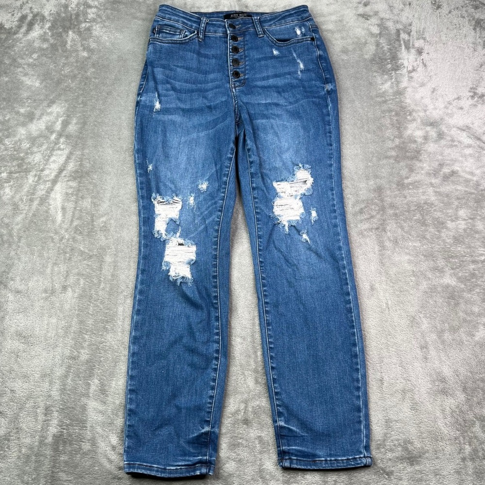 Judy Blue Boyfriend Fit Jeans Womens 5/27 Blue Distressed Stretch Button Fly